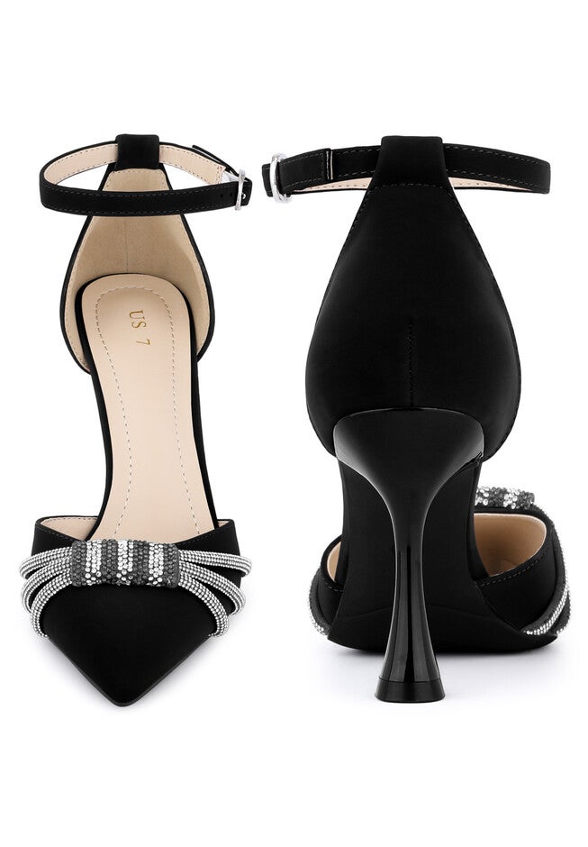 Pointed Toe Ankle Strap Rhinestone Stiletto High Heel Pumps, Black / Black, alternate image number 2