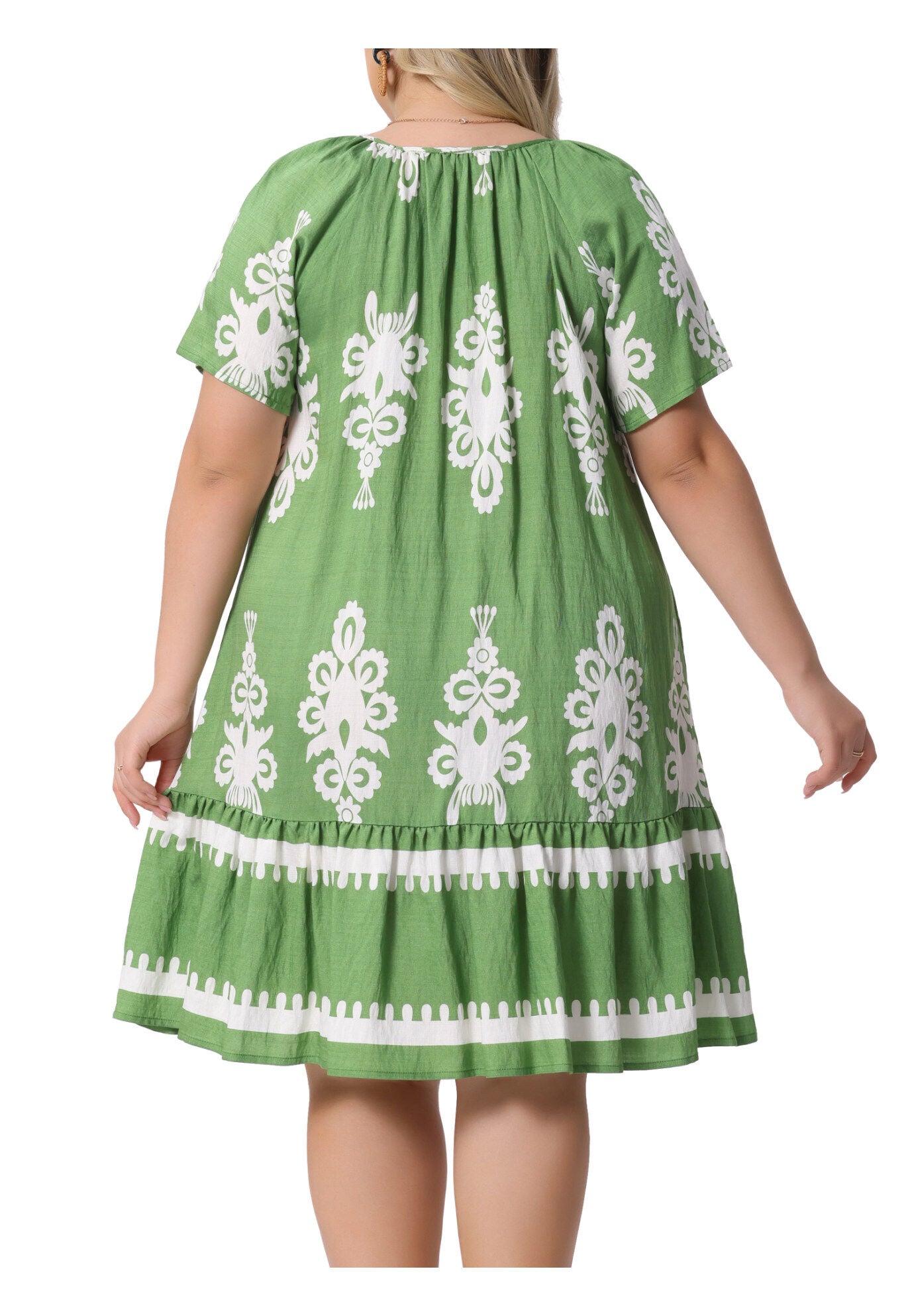 Summer Boho Short Sleeve Flared Midi Sun Dress, Green / Light Green, alternate image number 3