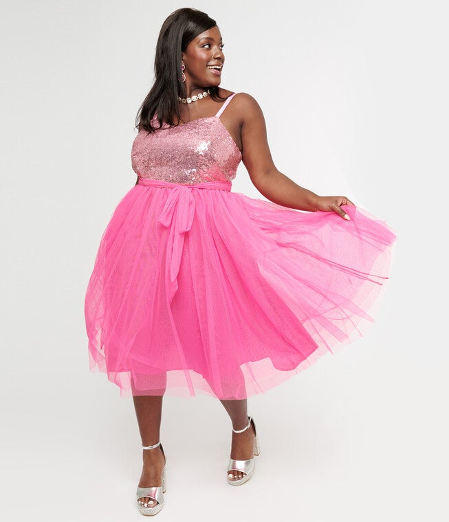Barbie x Unique Vintage 1980s Pink Sequin Day To Night Swing Dress, Pink Sequin / Pink, hi-res image number 0
