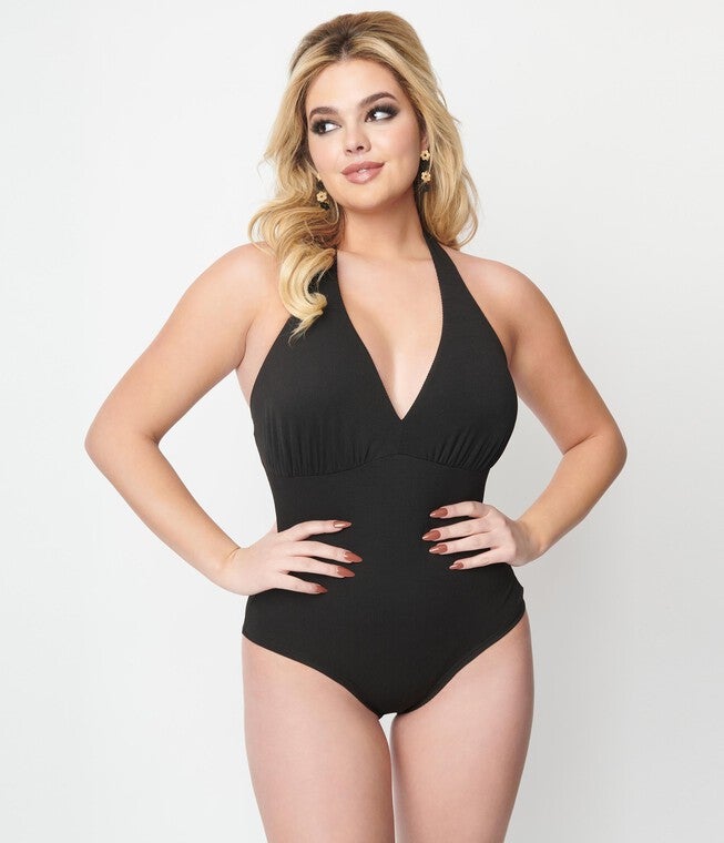 Unique Vintage Black Halter Bodysuit, Black / Black, alternate image number 2