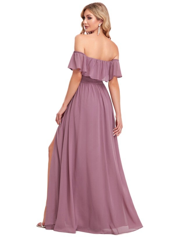 Women's Off Shoulder Ruffle Thigh Slit Bridesmaid Dresses, , alternate image number 5