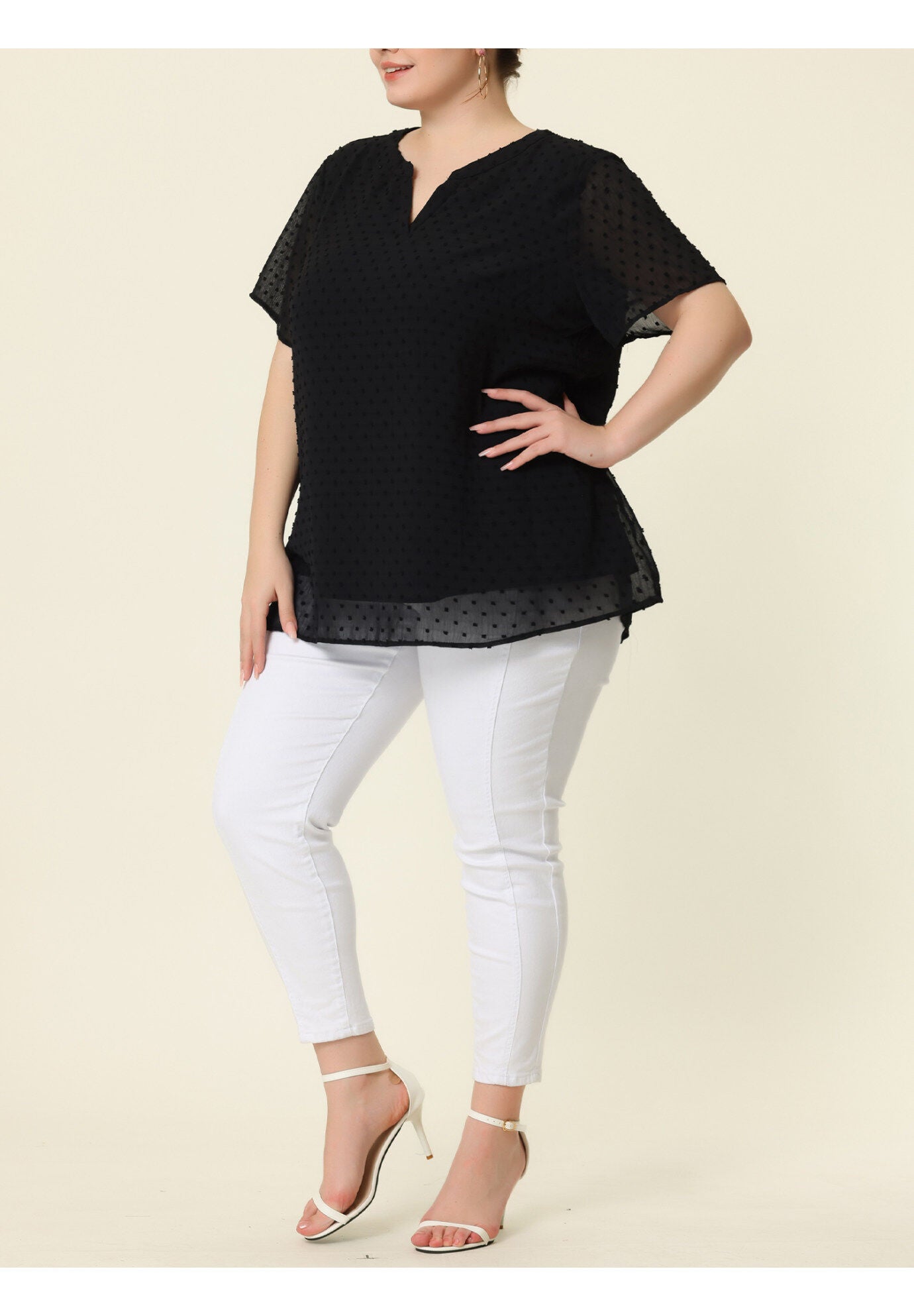 Swiss Dots Notched Neck Short Sleeve Basic Blouse, Black / Black, alternate image number 1