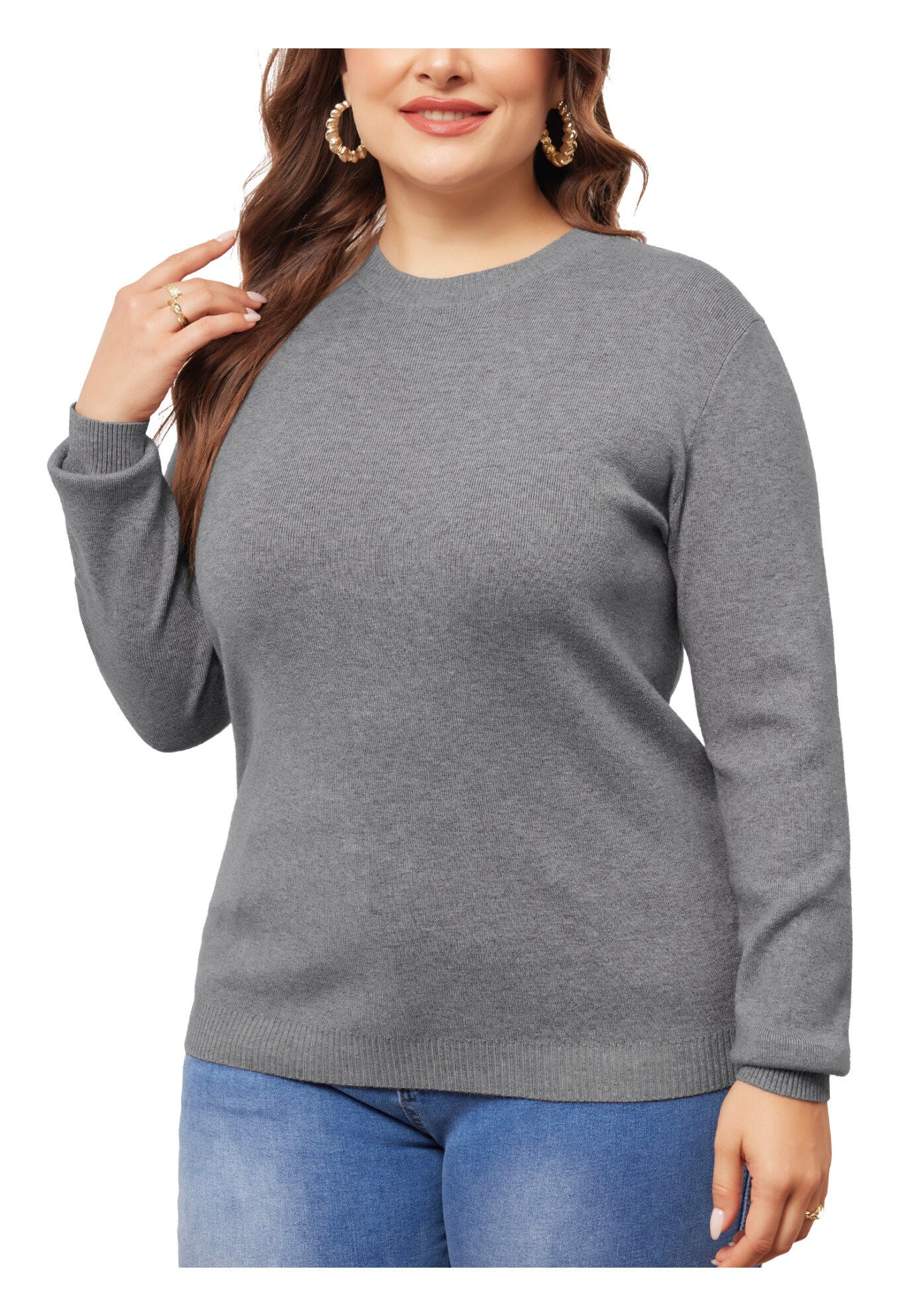 Long Sleeve Crewneck Knit Sweater Tee Top, Grey / Cool Gray, alternate image number 1