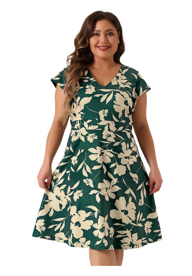 Deep V Neck Above Knee Cap Sleeve Floral Dress, Dark Green / Hunter Green, alternate image number 2