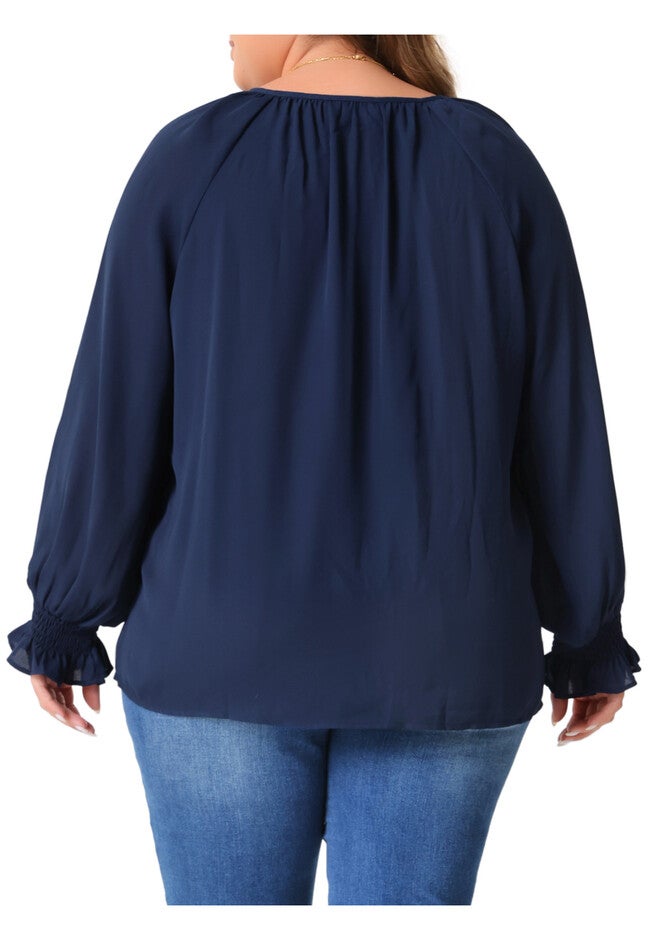 Casual V Neck Drawstring Long Sleeve Blouse Top, Navy Blue / Navy, alternate image number null