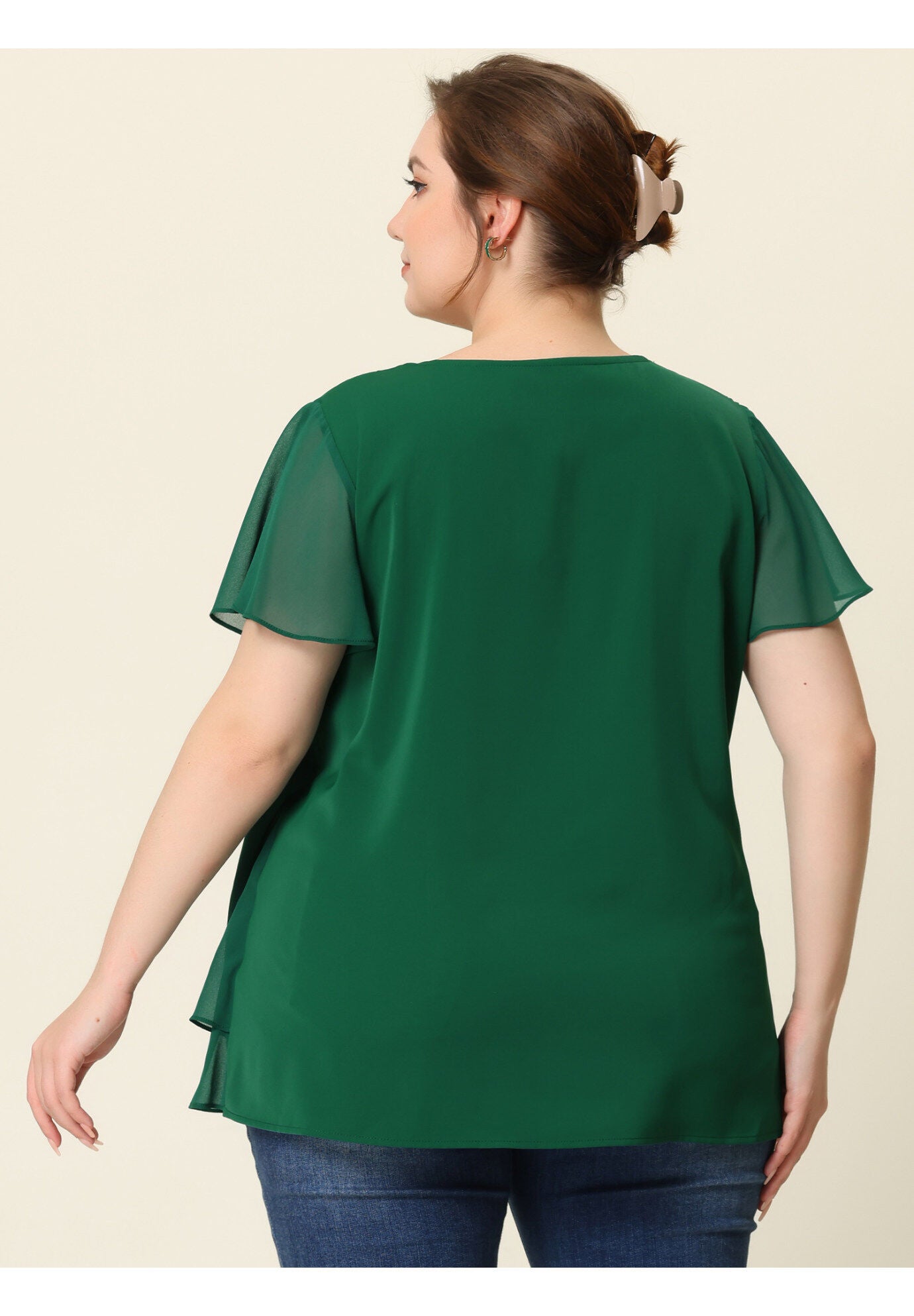 Flutter Sleeves Blouse V Neck Layer Chiffon Ruffle Top, Green / Forest Green, alternate image number 3