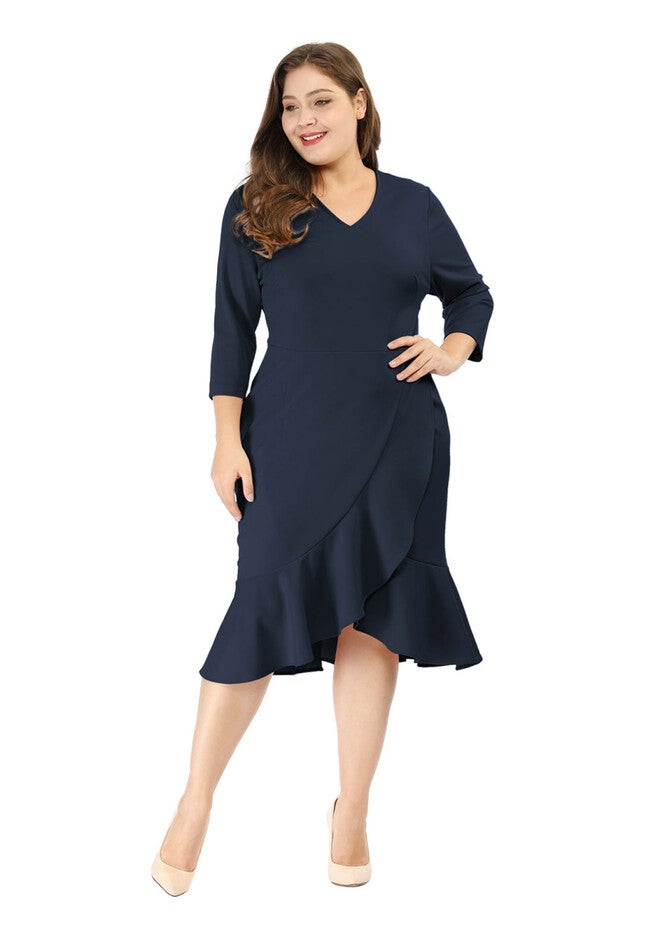 Ruffled 3/4 Sleeve Office Work Cocktail Wrap Dress, Blue / Navy, alternate image number 2