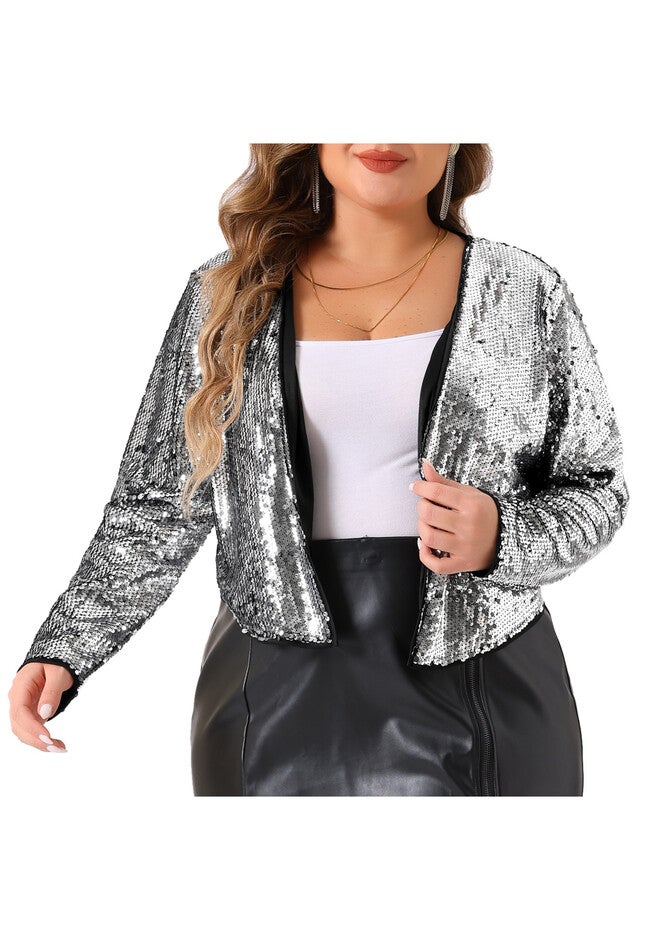 SEQUIN GLITTER SHINNY METALLIC SHRUG JACKET, Silver / Silver, alternate image number null