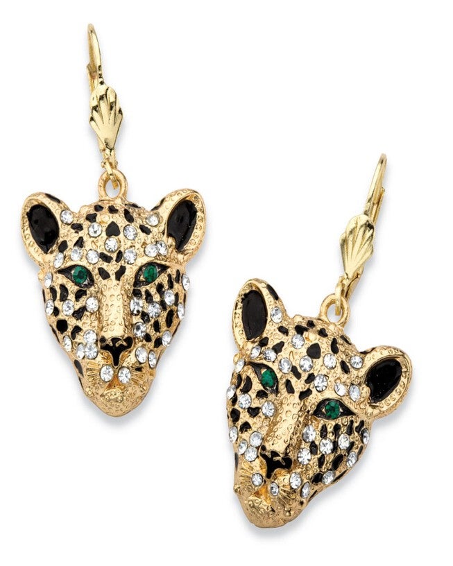 White and Green Crystal Goldtone Leopard Drop Earrings with Lever Backs, White / White, hi-res image number 0