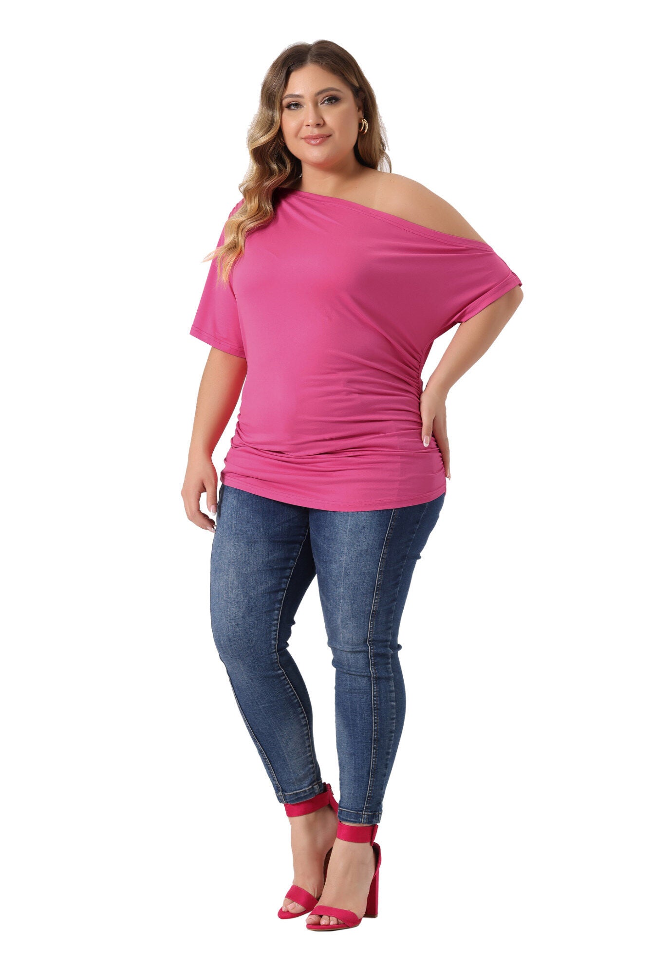 ONE SHOULDER SHORT SLEEVE RUCHED TOP, Hot Pink / Pink, hi-res image number 0