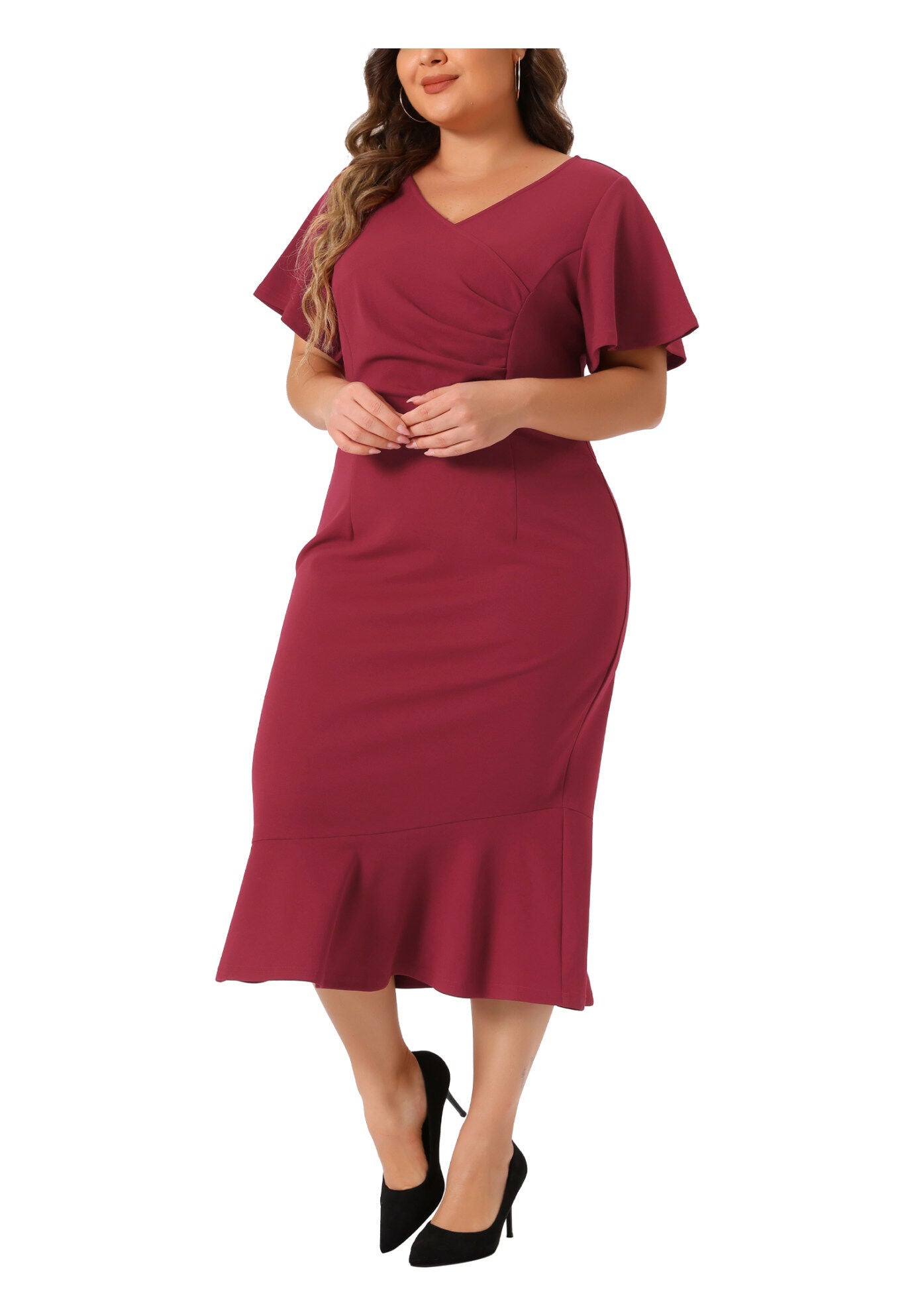 V Neck Ruffled Short Sleeve Cocktail Wrap Dress, Burgundy / Burgundy, alternate image number 2