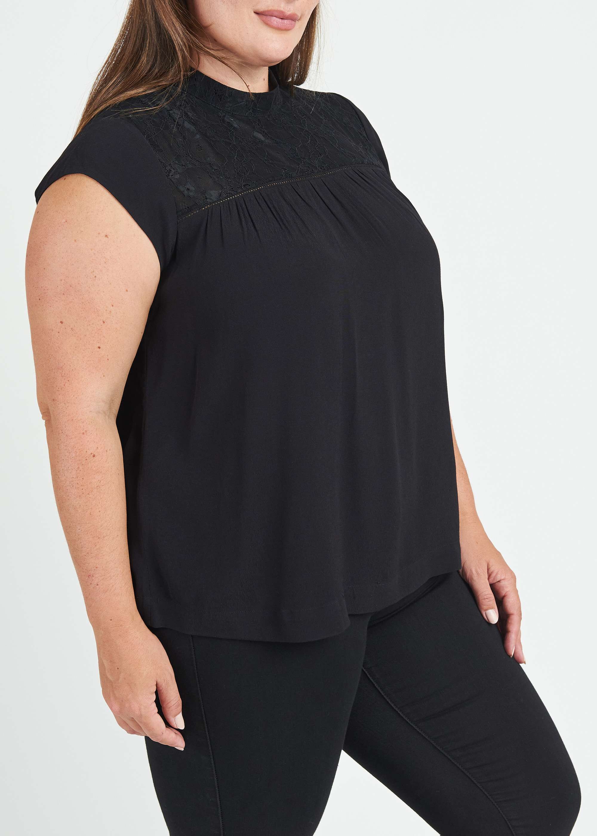 Tatiana Cap Sleeve Blouse with Lace Yoke, BLACK / Black, alternate image number 4