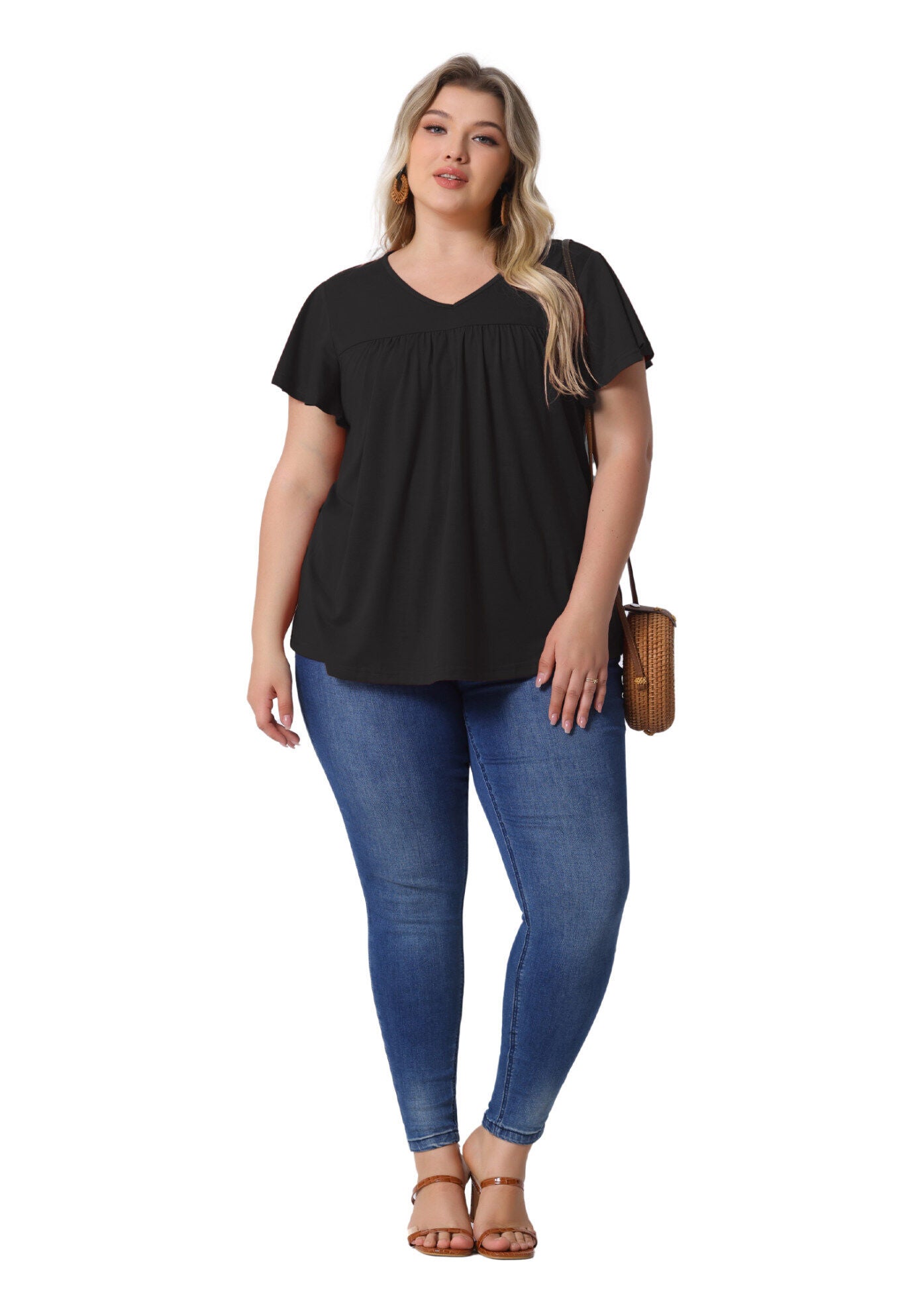 V Neck Ruffle Short Sleeve T-Shirt Tee Top, Black / Black, hi-res image number 0