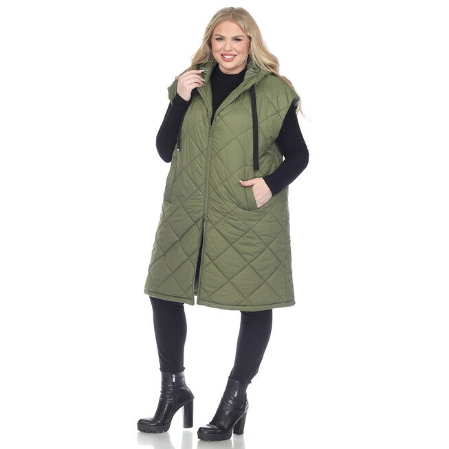 Women's Diamond Quilted Hooded Puffer Vest, Olive / Olive Green, alternate image number 2