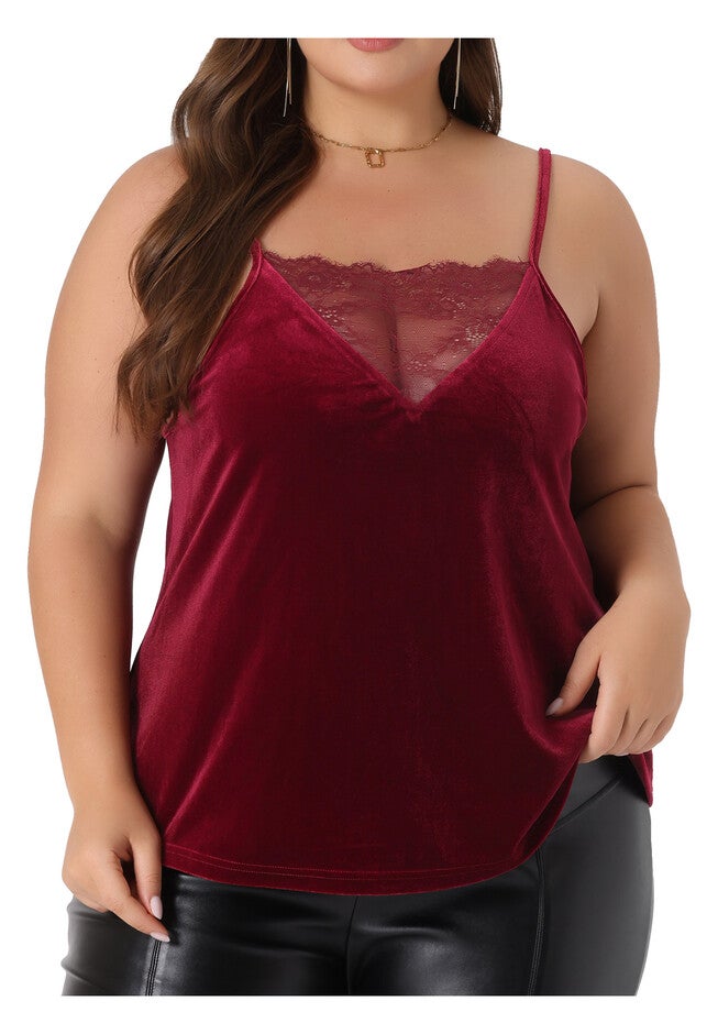 VELVET CAMI LACE DEEP V NECK SLEEVELESS TOP, Burgundy / Red, alternate image number 1