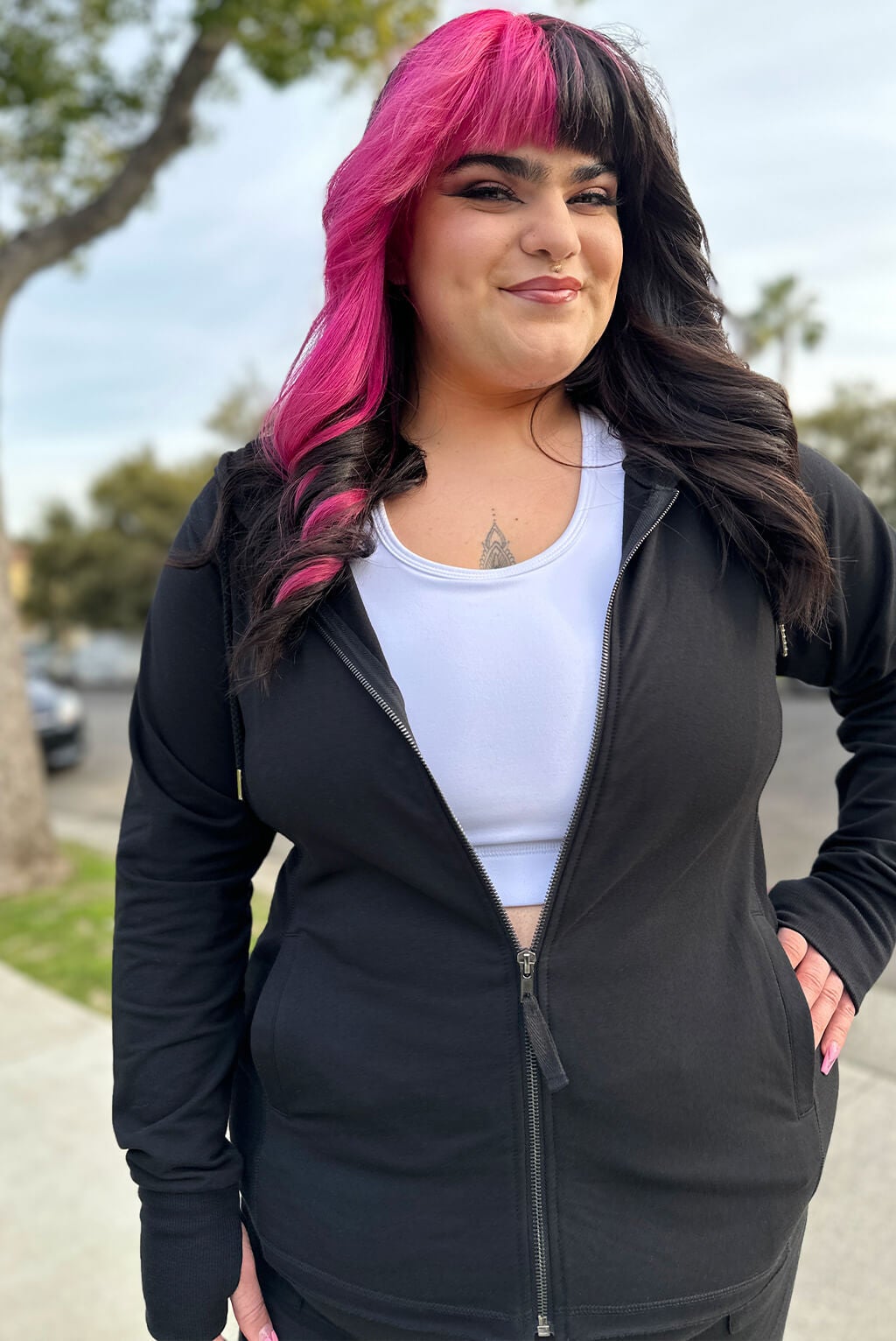 Zip Up Thumbhole Hoodie, Black / Black, alternate image number 1