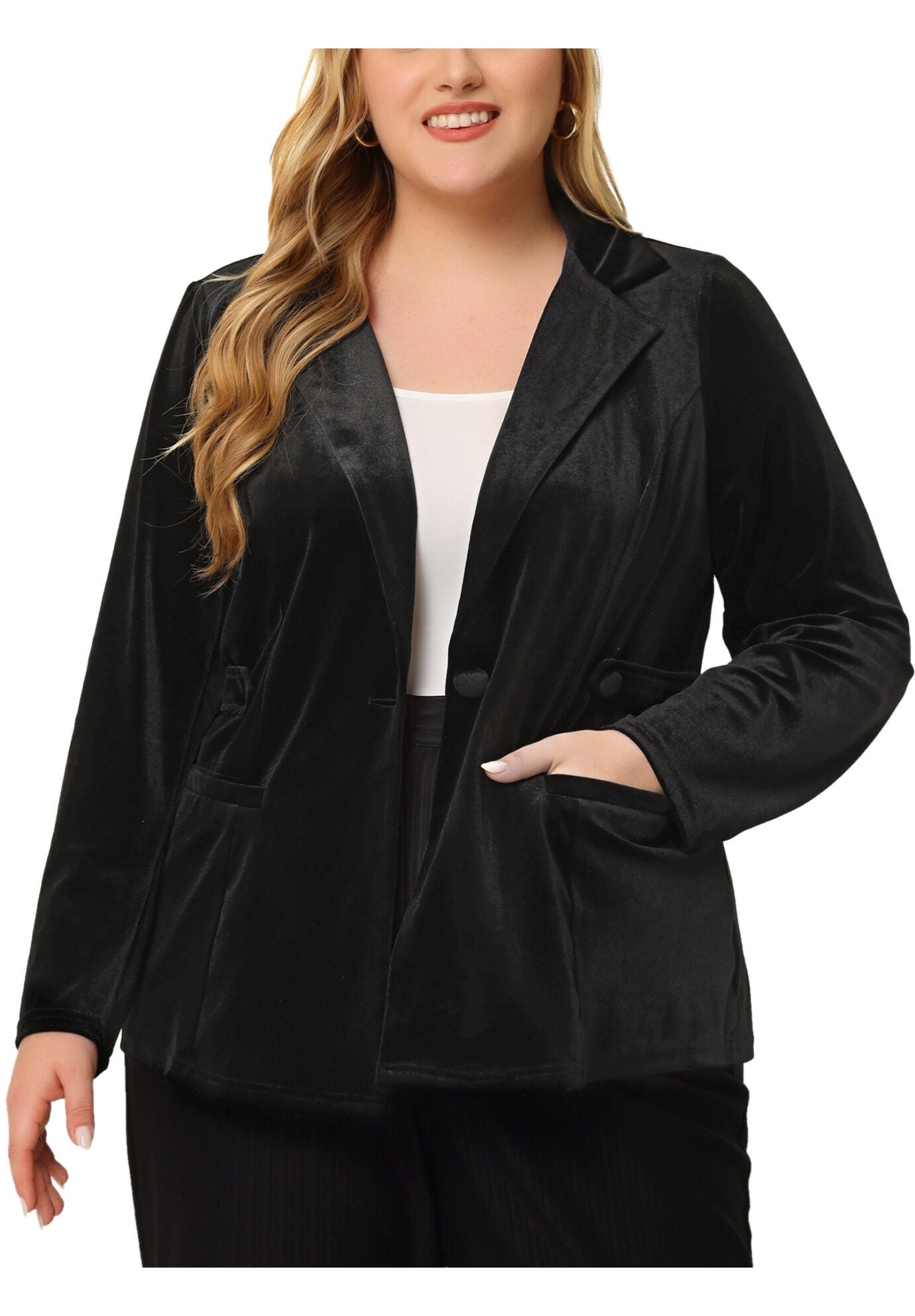 VINTAGE VELVET BUTTON NOTCHED LAPEL BLAZER, Black / Black, alternate image number 2