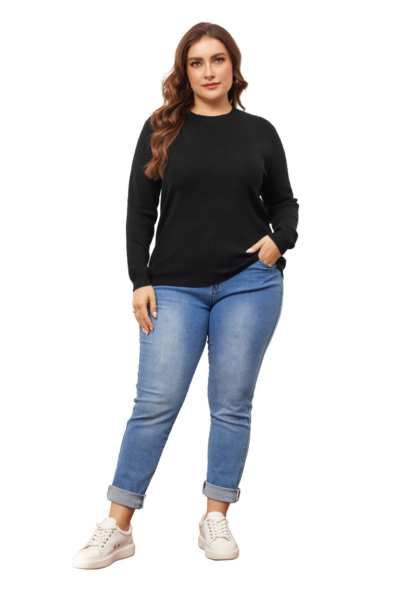 Long Sleeve Crewneck Knit Sweater Tee Top, Black / Black, hi-res image number 0