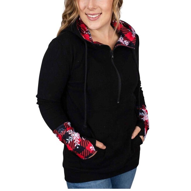 PLAID AND SNOWFLAKE HALF ZIP HOODIE IN BLACK/PLAID SNOWFLAKE, BlackPlaid Snowflake / Black, hi-res image number 0