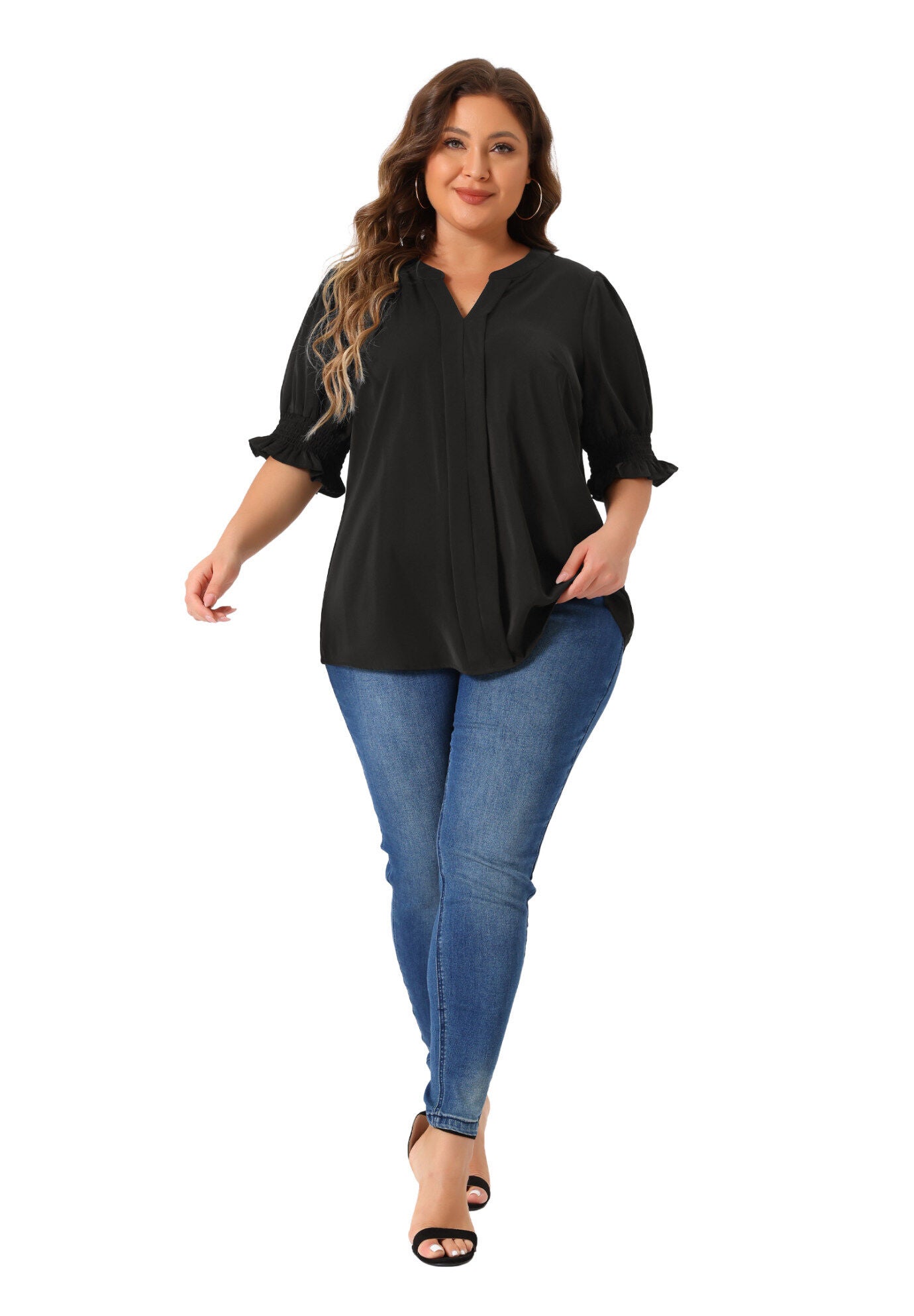 Notched V Neck Puff Short Sleeve Blouse Top, Black / Black, hi-res image number 0