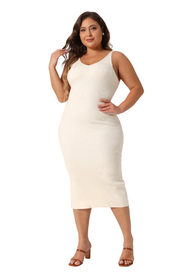 Sleeveless V Neck Ribbed Knit Bodycon Midi Sweater Cami Dress, Beige / Beige, hi-res image number null