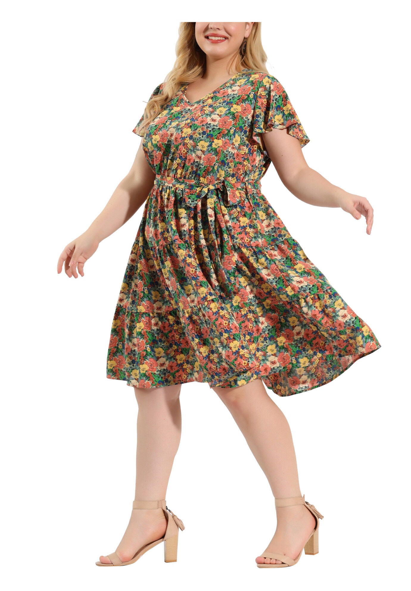 Floral Printed V Neck Summer Midi Flared Dress, Romantic / Light Green, alternate image number 3