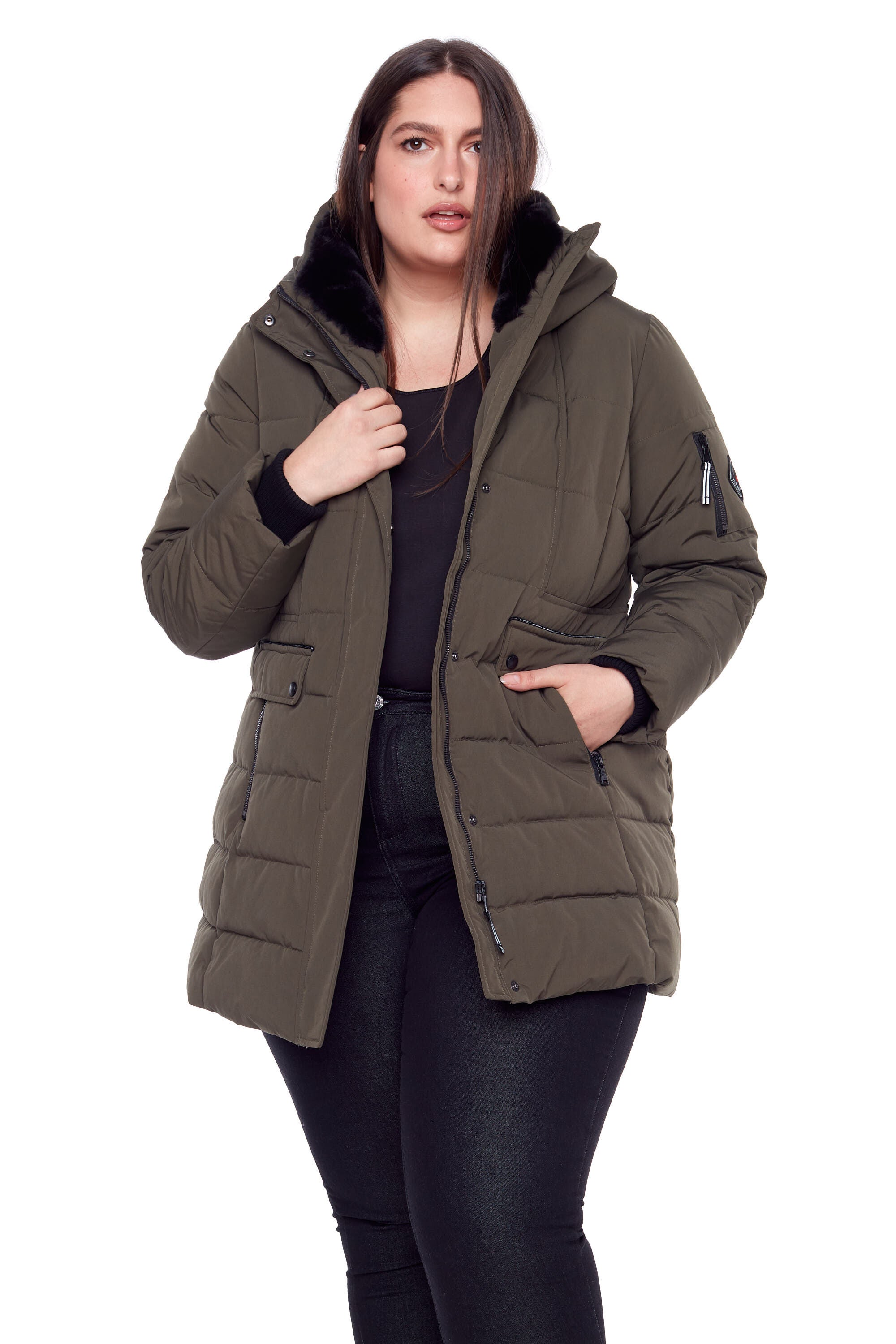 Women&#39;s Plus Size - KOOTNEY | Vegan Down Recycled Mid-Length Parka Coat, Olive / Olive Green, alternate image number 1