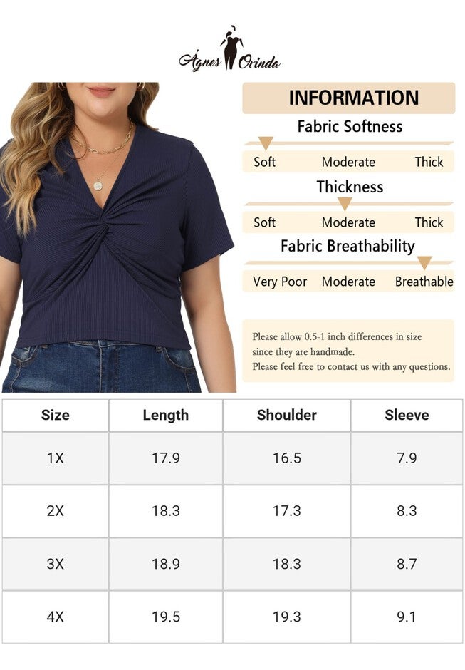 Twist Front V Neck Ribbed Short Sleeve T-Shirt Top, Navy Blue / Navy, alternate image number 4