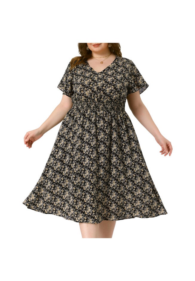 Summer Floral Print V Neck Smocked A-Line Flowy Midi Dress, Black / Black, alternate image number null