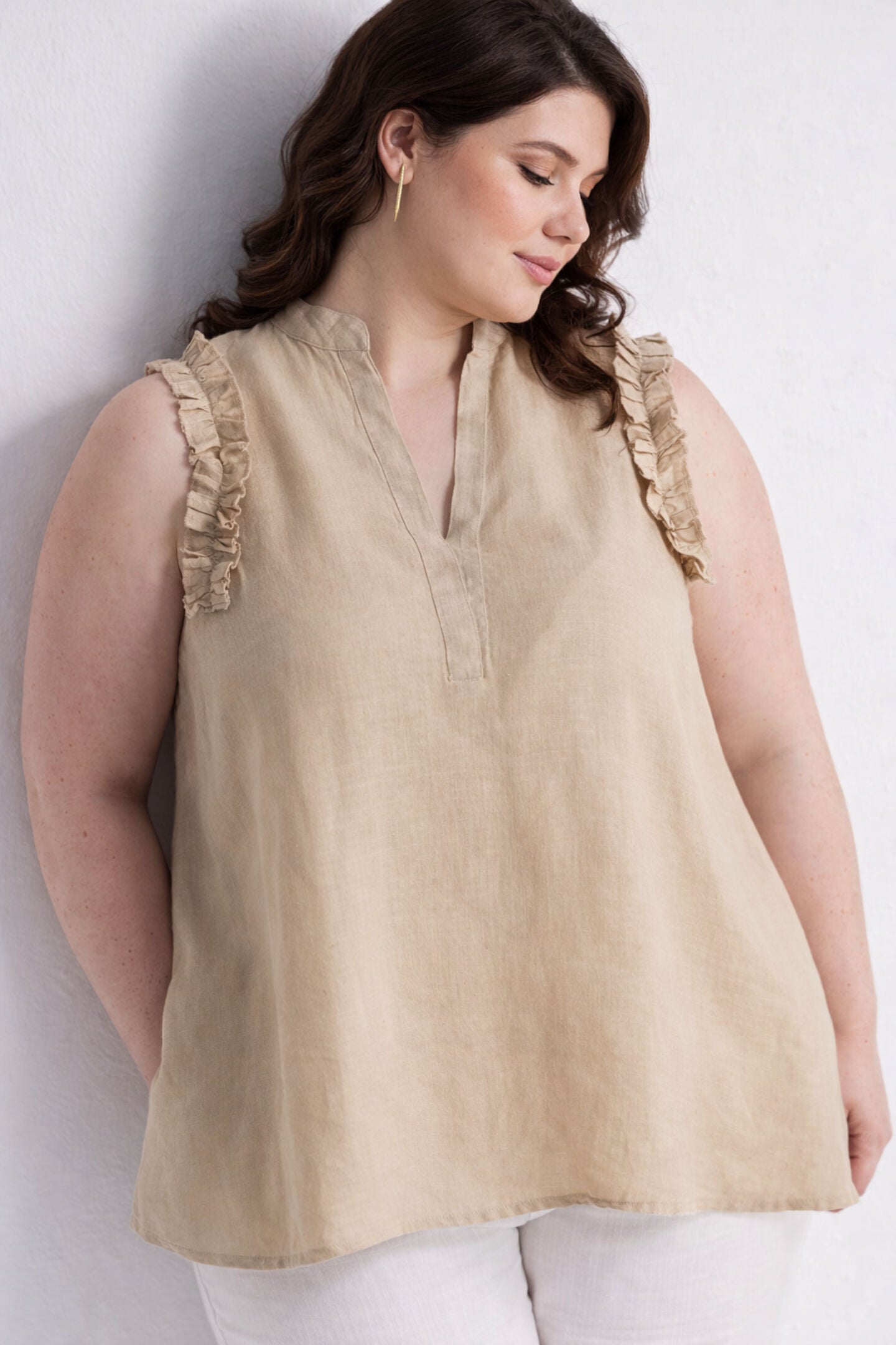 Sleeveless Hemp Top with Ruffles in Neutral Beige, Neutral Beige / Beige, hi-res image number 0