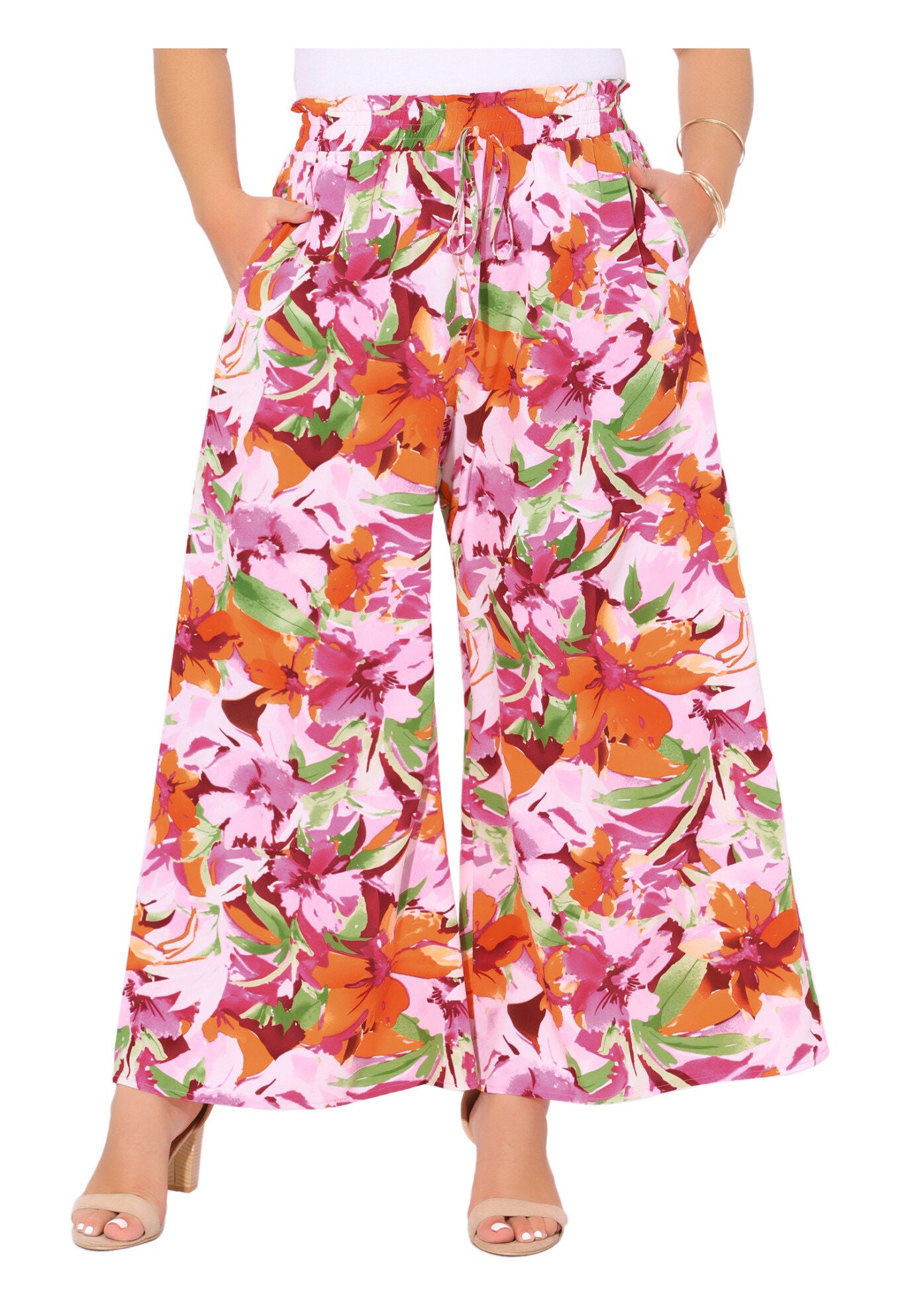 Wide Leg Floral Palazzo Pants Flowy Beach Trousers with Pocket, Pink Orange / Pink, alternate image number 2
