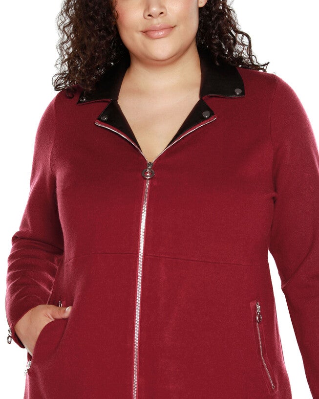 FAUX-LEATHER COLLARED SWEATER JACKET, Cranberry / New Wine, alternate image number 3