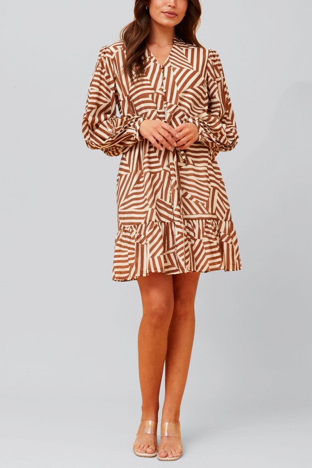 Sylvana Dress Long Puffy Sleeve Geo Print, Beige / Beige, alternate image number null