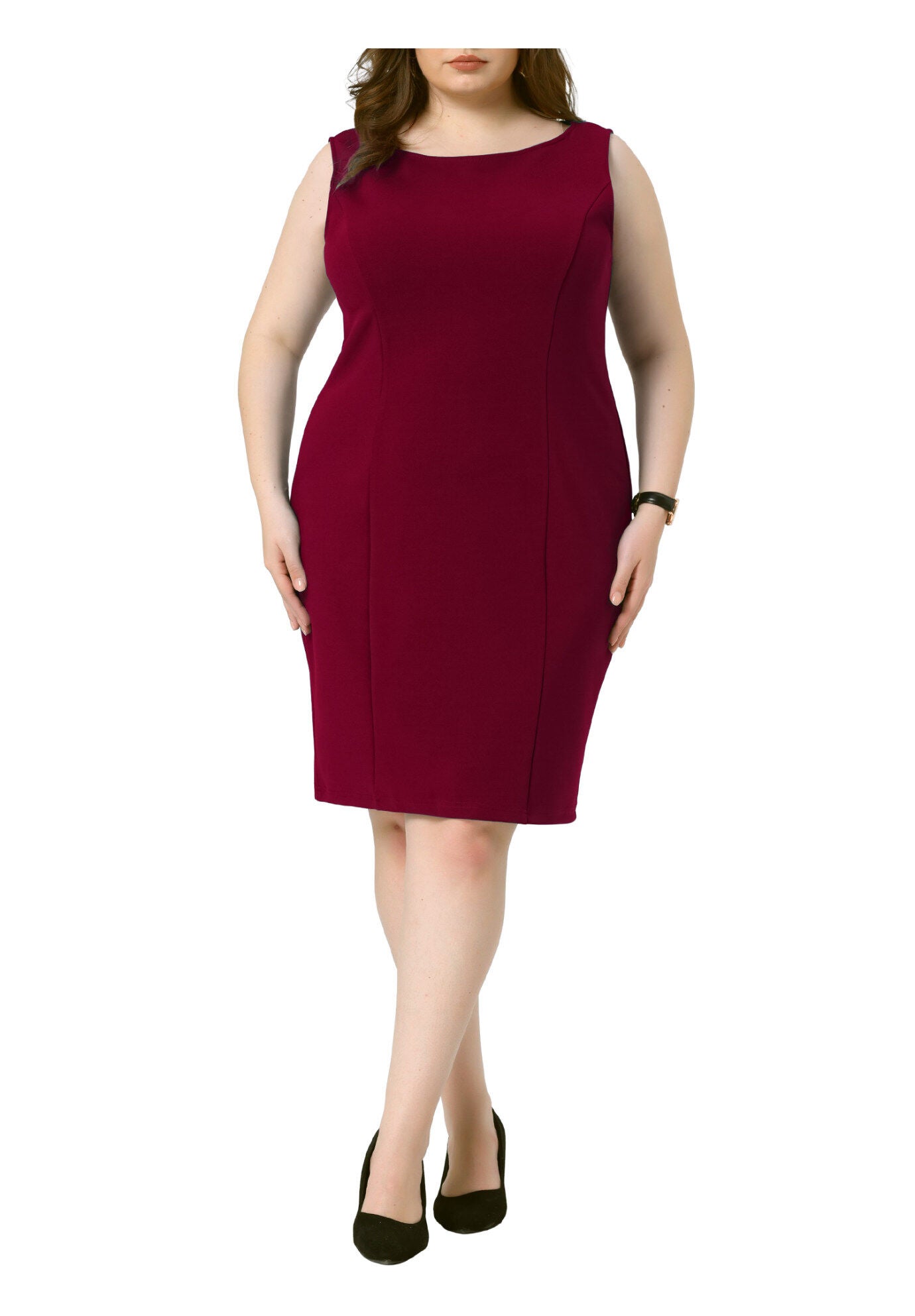 SLEEVELESS BOAT NECK STRAIGHT PENCIL SHEATH DRESS, Burgundy / Burgundy, alternate image number 2