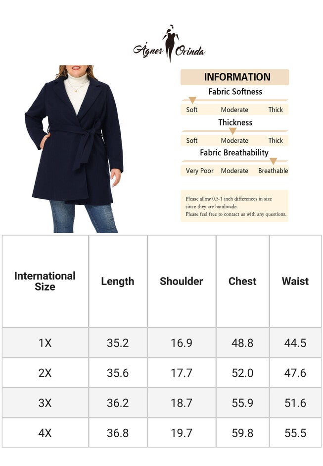 Notched Lapel Tie Waist Peacoat Long Trench Jackets, Navy Blue / Navy, alternate image number 4