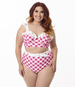 Unique Vintage Plus Size Pink & White Gingham Belted Redondo Swim Bottoms