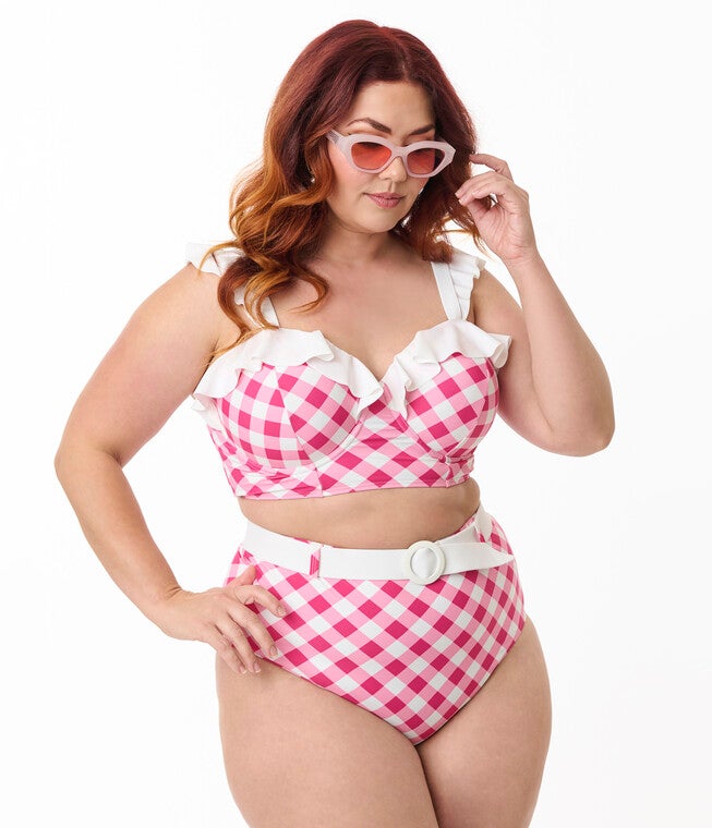 Unique Vintage Plus Size Pink & White Gingham Southampton Swim Top, Pink / Pink, alternate image number null