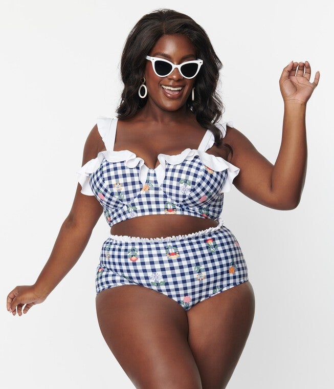 Unique Vintage Navy Gingham & Floral Southampton Swim Top, Blue Gingham Floral Plaid / Navy, alternate image number 4