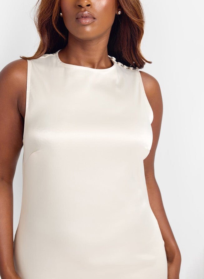 TULIP SATIN BUTTON SHOULDER MAXI SLIP DRESS, White / White, alternate image number 2