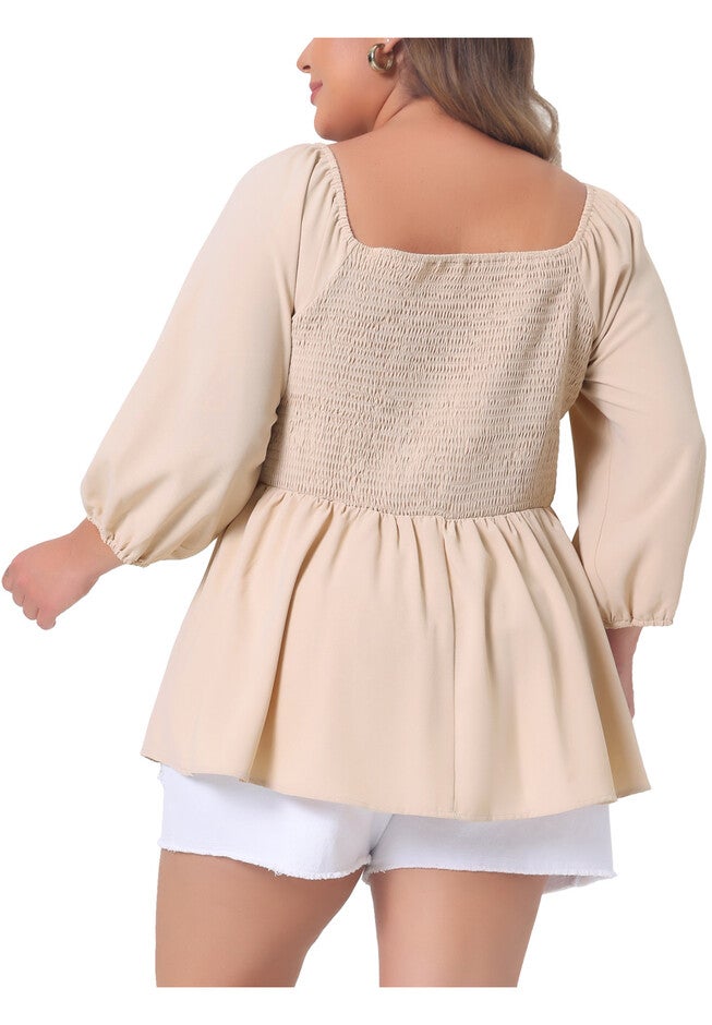 Sweetheart Neck Drawstring Ruched 3/4 Sleeve Peplum Blouse Top, Light Apricot / Cream, alternate image number 3