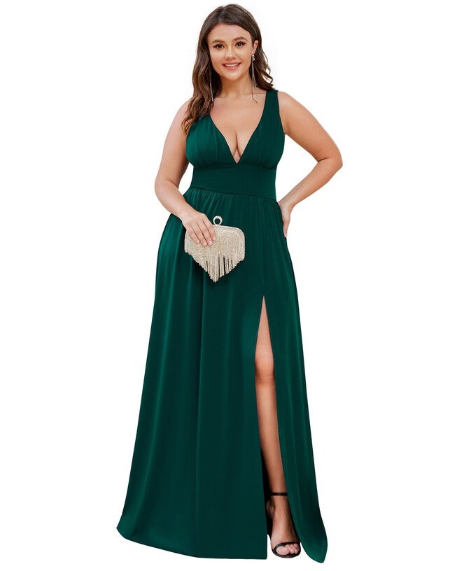 Sleeveless V-Neck Empire Waist High Slit Floor-Length Evening Dress, , alternate image number 8