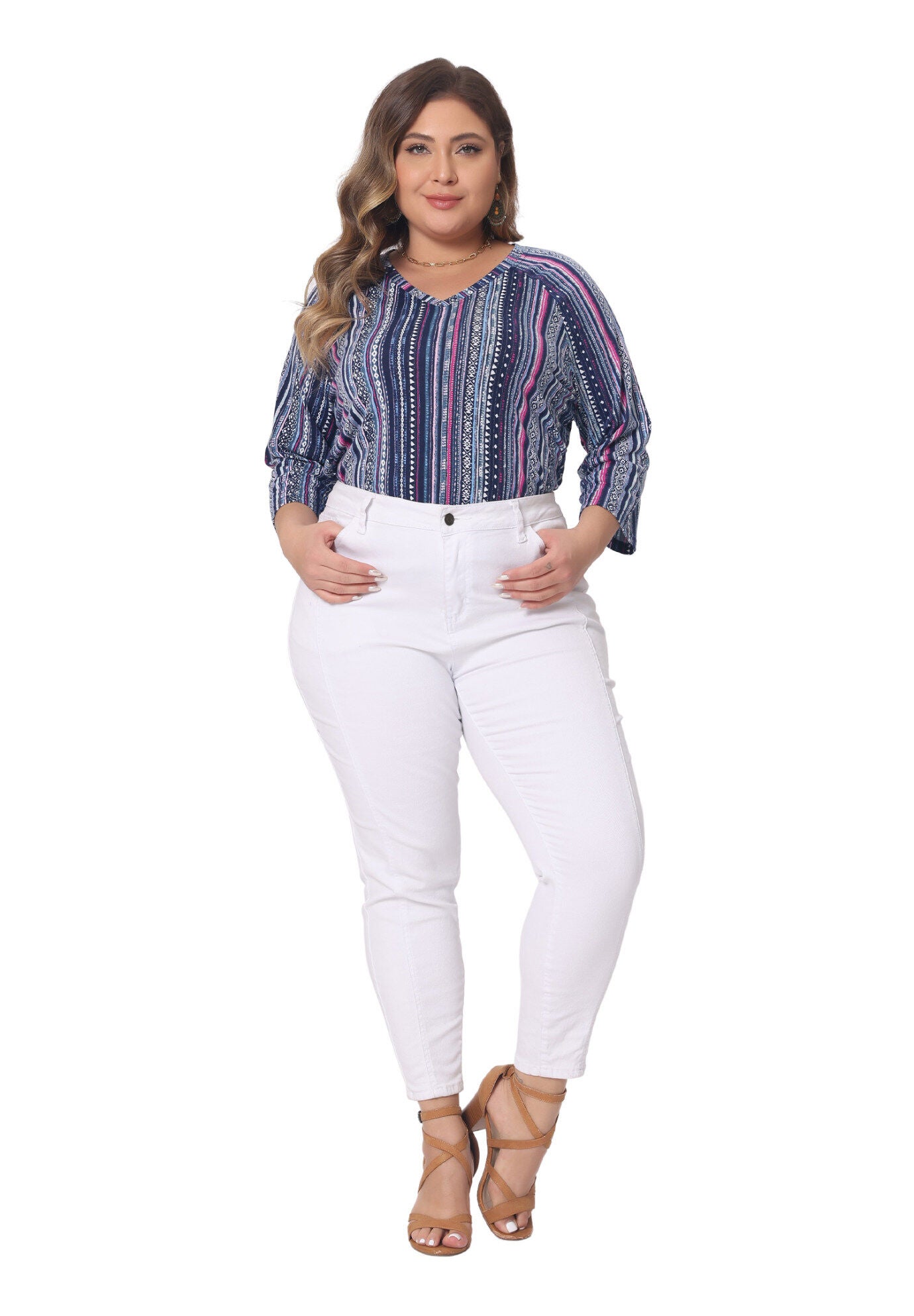 3/4 Sleeve Knit Blouse Tee Stripe Boho Top, Navy Blue / Navy, hi-res image number 0