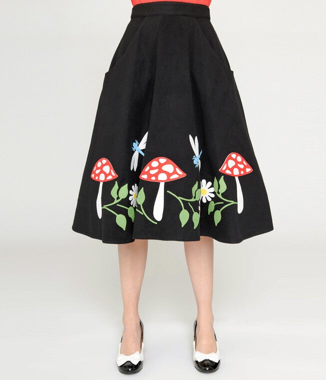 Unique Vintage Black & Mushroom Soda Shop Swing Skirt, Black  Mushroom / Black, alternate image number 1