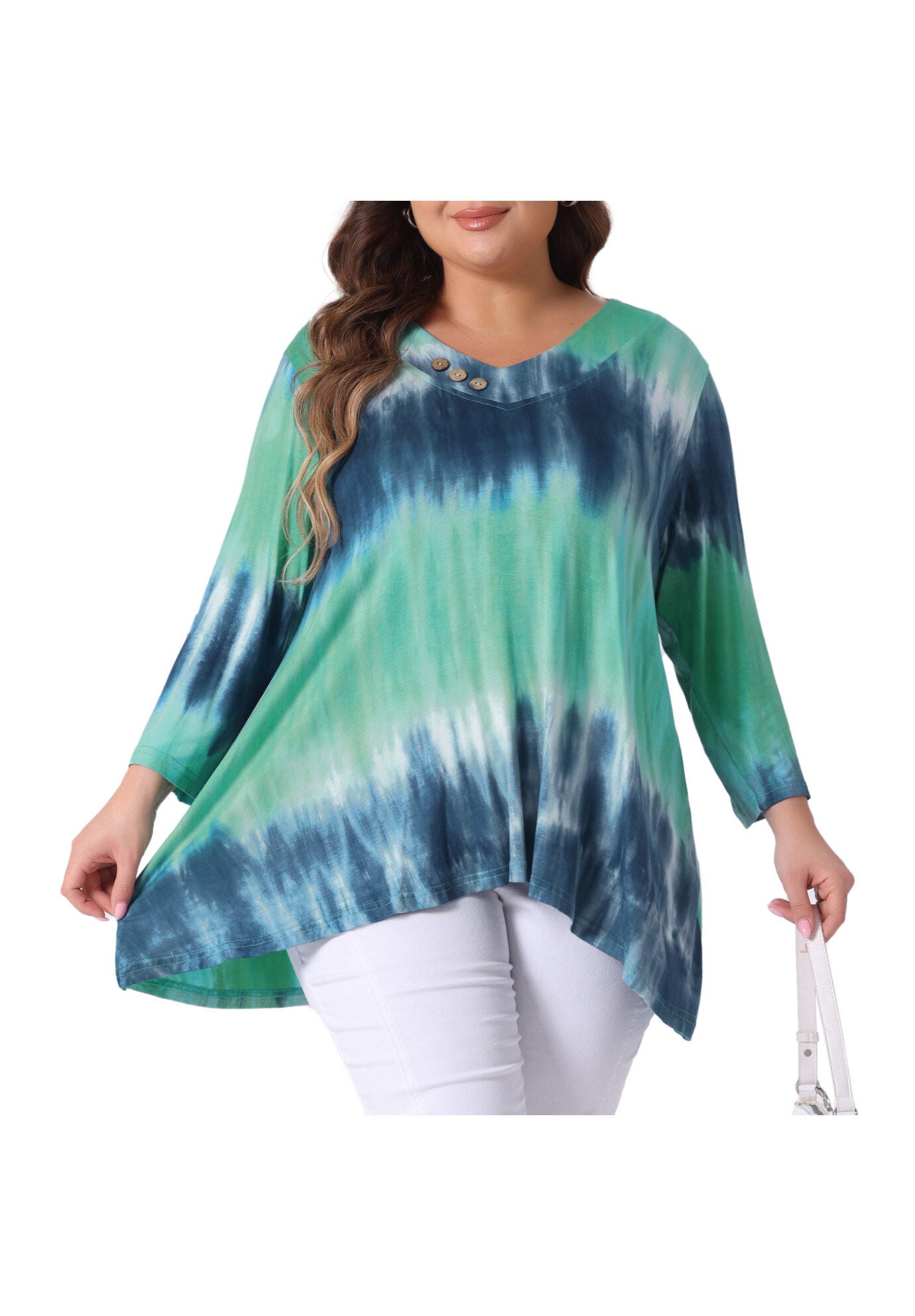 Elbow 3/4 Sleeve Loose Fit Tie Dye Tunic Top, Blue Green / Turquoise, alternate image number 2
