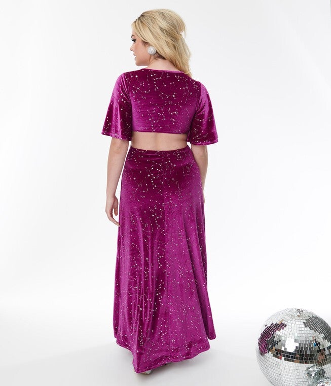 Smak Parlour Berry & Silver Constellation Velvet Cutout Maxi Dress, Purple / Purple, alternate image number 1