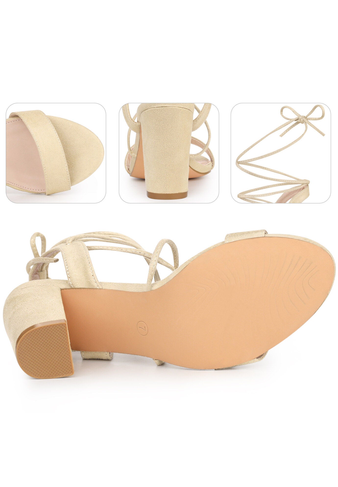 Lace Up Slingback Block High Heels Sandals, Beige / Beige, alternate image number 2