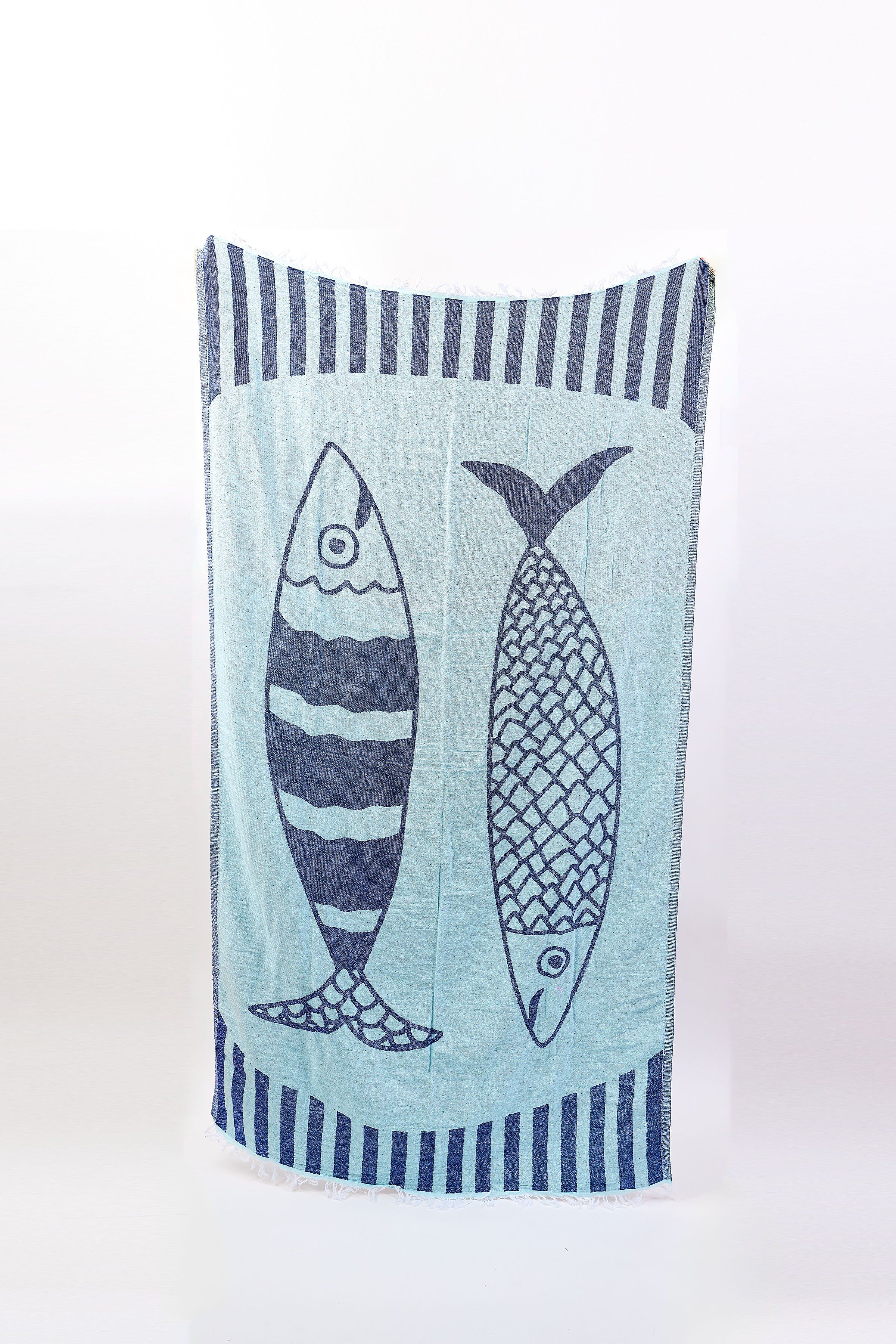 Novelty Turkish Towel, Double Fish NavyTeal / Navy, hi-res image number 0