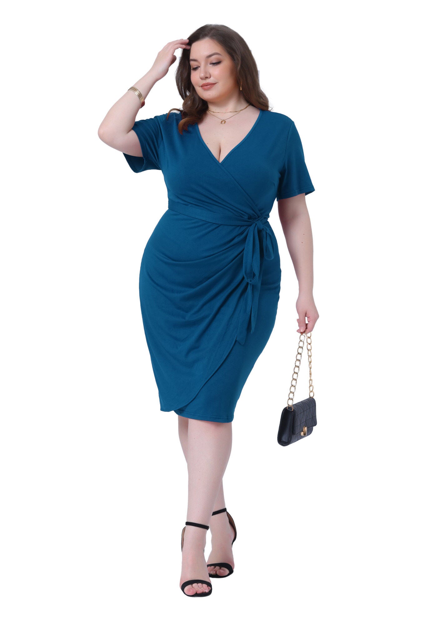 V Neck Ruched Wrap Belted Bodycon Midi Dress, Peacock Blue / Teal, hi-res image number 0