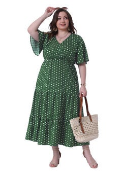 Wrap V Neck Polka Dots A-Line Tiered Summer Maxi Dress
