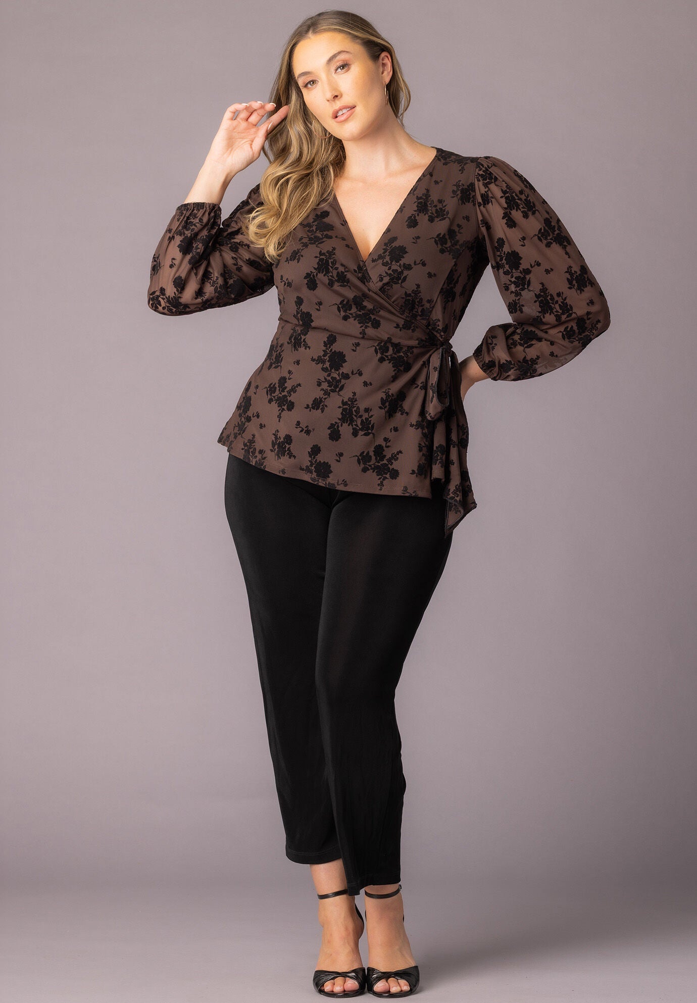 Alissa Long Sleeve Wrap Top, Sable Flocked Florals / Brown, alternate image number 4